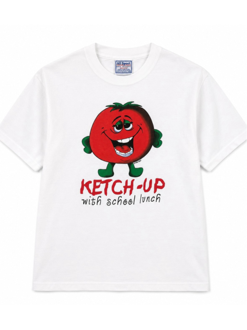 VTG 1999 Deadstock Ketch-Up With School Lunch Tomato Graphic T Shirt Sz M White